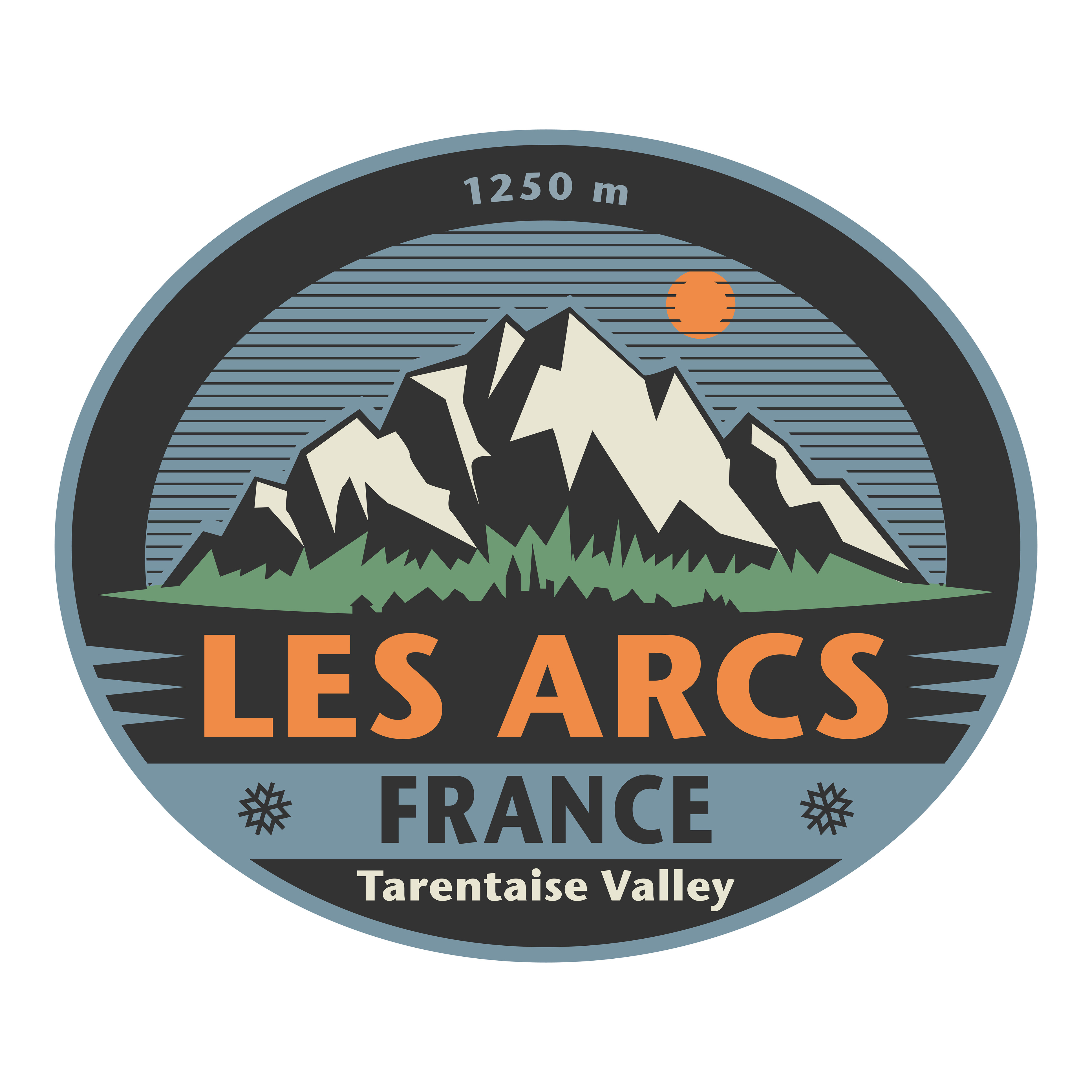 Illustrated badge showing Les Arcs, France in the Tarentaise Valley with mountain peaks and elevation 1250 m